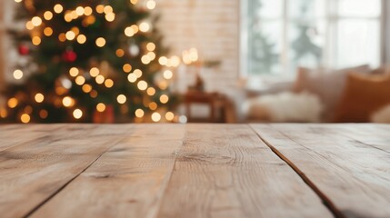 empty wooden table, Christmas decorated room in background, mockup