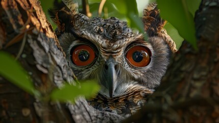  A leafy tree hideaway reveals an owl's intense gaze through its close-up, orange-eyed face ..Or, if you prefer to