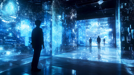 Holographic projections filling the space, creating a futuristic, interactive environment