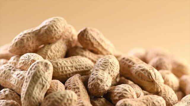 Peanuts. Unshelled nuts close up, rotating. Roasted pile of peanuts in shell over beige background. Organic vegan, vegetarian food. Healthy nutrition concept 
