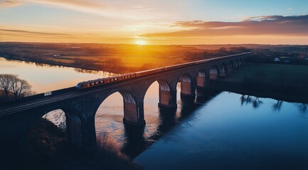 Fototapeta premium Drone Photo of Ancient Bridge with Train Moving Across River at Sunset - Wide-Angle