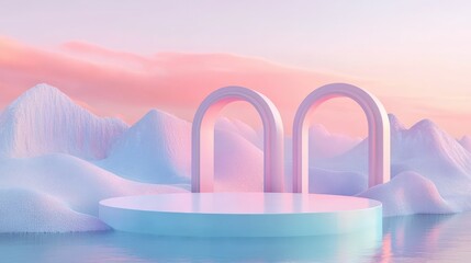 Abstract pastel landscape with floating arches and a podium, ideal for product showcasing.