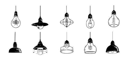 Set of hand drawn lightbulb and lamp illustrations. Sketch style design elements for home decor, interior design, or branding projects.