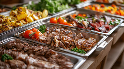 Stylowe wnętrze restauracji z bogato zastawionym bufetem cateringowym, na którym dominują grillowane mięsa. Potrawy są starannie ułożone, a świeże, aromatyczne mięso zachęca do spróbowania. 