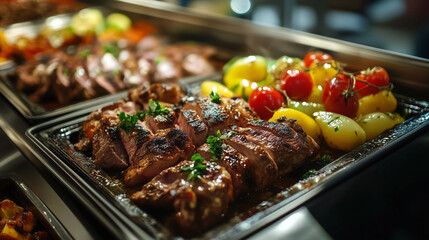 Stylowe wnętrze restauracji z bogato zastawionym bufetem cateringowym, na którym dominują grillowane mięsa. Potrawy są starannie ułożone, a świeże, aromatyczne mięso zachęca do spróbowania. 