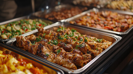 Stylowe wnętrze restauracji z bogato zastawionym bufetem cateringowym, na którym dominują grillowane mięsa. Potrawy są starannie ułożone, a świeże, aromatyczne mięso zachęca do spróbowania. 