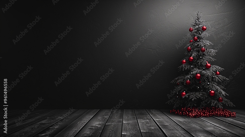 Wall mural Moody black Christmas tree decorated with red ornaments and dark lighting against a minimalistic black background. Perfect for modern holiday designs, festive party posters, and winter decor ideas