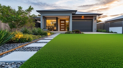 Nowoczesny ogród domu, w którym zastosowano sztuczną trawę i eleganckie drewniane obrzeża.