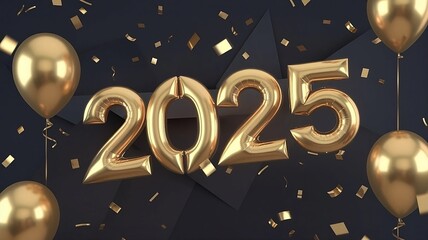 Naklejka premium Happy New Year 2025 with Golden Christmas Trees and Ornaments on a Dark Festive Background.