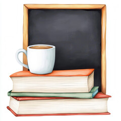 Fototapeta premium Cup of coffee on stacked books with a blackboard background, perfect for educational or academic themes.