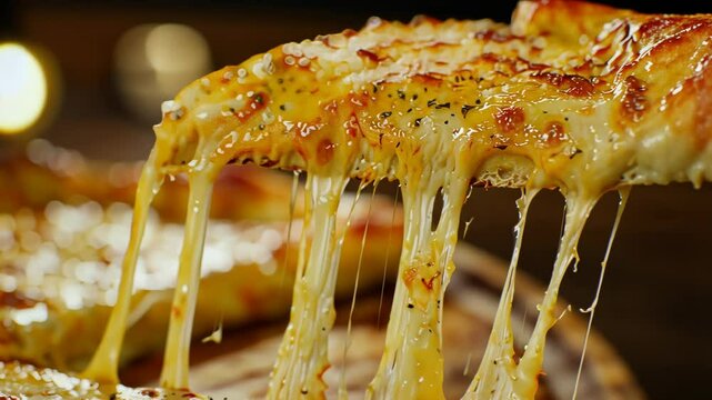 Mouthwatering cheese pizza with gooey toppings fresh out of the oven in a cozy pizzeria setting