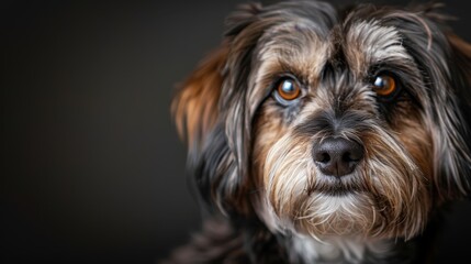 Naklejka premium A tight shot of a poised canine gazing into the lens, radiating a sorrowful expression