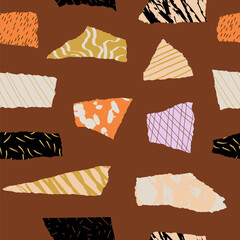 Seamless pattern with doodle textured paper elements. Abstract contemporary collage graphic print witn flat cutout and torned shapes. Vector geometric repeat design. Dark green modern artistic surface