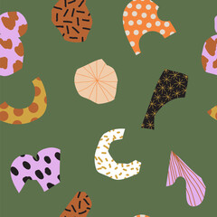 Seamless pattern with doodle textured paper elements. Abstract contemporary collage graphic print witn flat cutout and torned shapes. Vector geometric repeat design. Dark green modern artistic surface