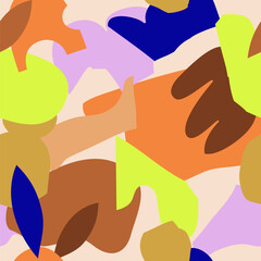 Seamless pattern with paper elements. Abstract collage graphic print witn various shapes. Geometric design with flat cutout silhouettes. Vector repeat colorful neon texture. Modern artistic surface