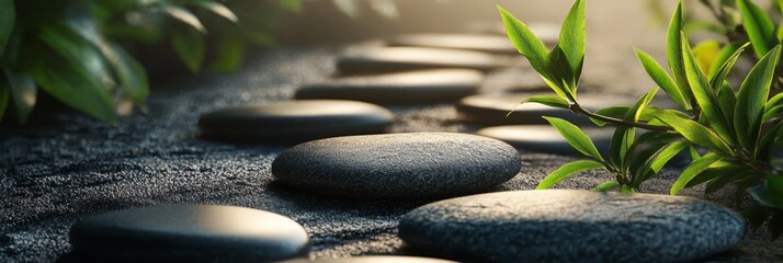 A tranquil zen garden pathway, illuminated by the morning sun, featuring smooth stepping stones surrounded by lush green foliage, symbolizing peace, balance, mindfulness, and the journey to inner harm