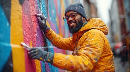 A street artist working on a vibrant mural in an urban setting, capturing the essence of urban...