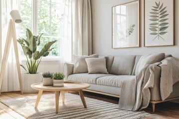 Naklejka premium Cozy living room with natural light, plants, and minimalist decor.