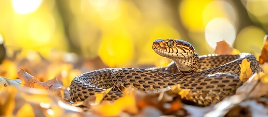 Naklejka premium A close-up of a snake resting among colorful autumn leaves, showcasing its intricate patterns against a blurred natural background.