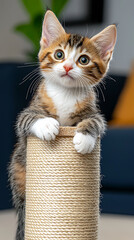 Cute Kitten Playing on a Scratching Post
