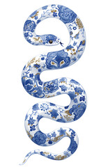 Fototapeta premium Blue and white snake illustration in style of ancient chinese art, blue and white chinoiserie pocelain ornament snake. Chinese New Year 2025 lunar symbol isolated