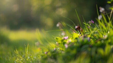  A sharp foreground of grass and flowers, background featuring clearer depiction of similar elements