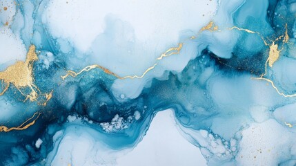 Abstract marble texture background with blue and white colors, gold glitter effect.