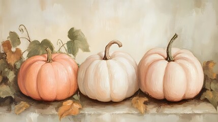 vintage oil painting, pumpkins with stem and leaves, Generative AI