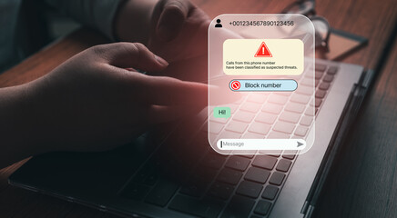 Woman receives message from suspected number scam. Unwanted anonymous call. Fraud and phishing phone concept. Message from stranger.