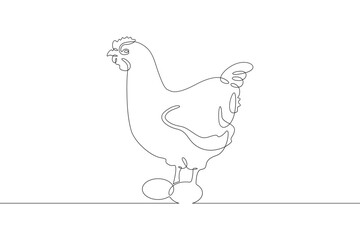 Continuous one line drawing laying hen. Portrait of a hen next to eggs. Chicken. Animals on the farm. One continuous line isolated minimal illustration.