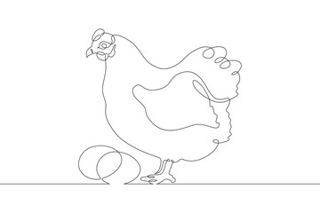 Continuous one line drawing laying hen. Portrait of a hen next to eggs. Chicken. Animals on the farm. One continuous line isolated minimal illustration.