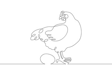 Continuous one line drawing laying hen. Portrait of a hen next to eggs.Chicken. Animals on the farm. One continuous line isolated minimal illustration.