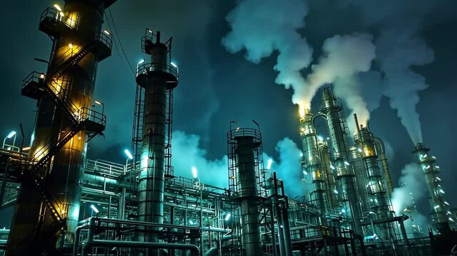 Industrial facilities illuminated at night with steam and smoke in a vibrant urban landscape