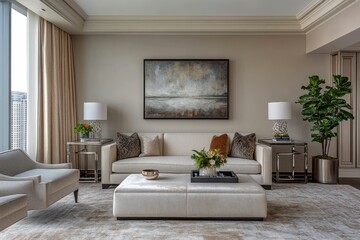 Fototapeta premium Modern living room with art, plants, and elegant furniture for relaxation and comfort.
