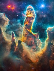 A vibrant image of the Pillars of Creation, a nebula in the Eagle Nebula, showcasing the intricate details of gas and dust formations. These pillars represent creation and the birth of stars, with the