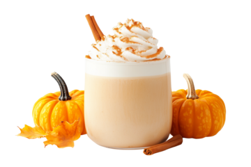 A pumpkin spice latte topped with whipped cream and cinnamon sticks isolated on white transparent background. Halloween beverage concept