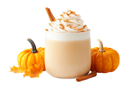 A pumpkin spice latte topped with whipped cream and cinnamon sticks isolated on white transparent background. Halloween beverage concept - Powered by Adobe