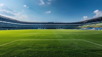 Fototapeta premium A vibrant soccer stadium with a lush green grass field, a blue sky with white clouds, and empty seats, symbolizing the anticipation of a thrilling game, the power of sports, the vastness of the stadiu