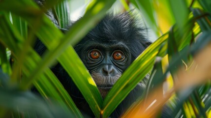 Obraz premium A monkey, gazing seriously from a tree's branches, faces the camera in this close-up image