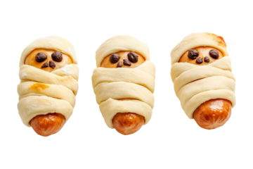 Halloween-themed mummy hot dogs wrapped in dough with eyes and mouths isolated on white transparent background. Concept of fun and festive Halloween food