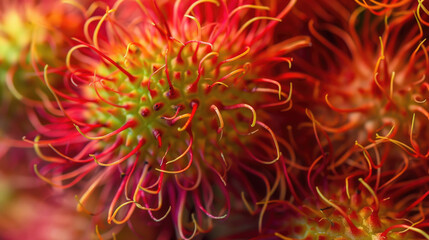Obraz premium Close-Up of Vibrant Red and Orange Rambutan Fruit with Spiky Hair-Like Skin in Full Detail