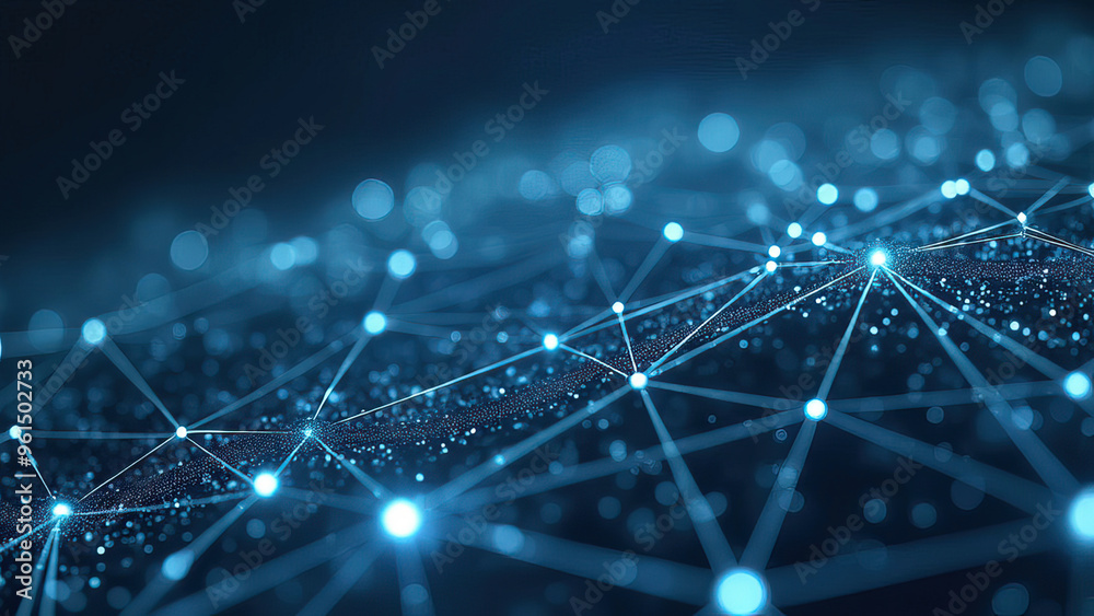 Poster Abstract network with glowing blue nodes and lines tech background