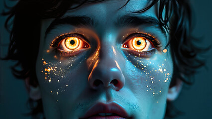 Close-up of young artificial being man with glowing eyes futuristic