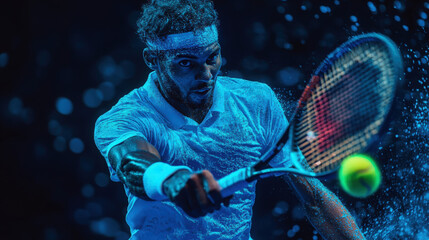 The athlete executes an intense forehand while competing in low-light conditions