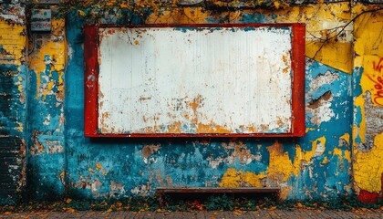 Naklejka premium A Rusted Red Framed Billboard on a Cracked and Peeling Wall with a Wooden Bench in Front