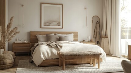 Obraz premium Cozy bedroom interior in Scandinavian style, featuring minimalist decor, light wood furniture, and soft neutral tones.