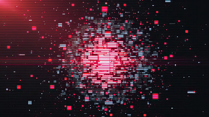 Abstract digital data tech glitch art with red and white squares and lines on black background