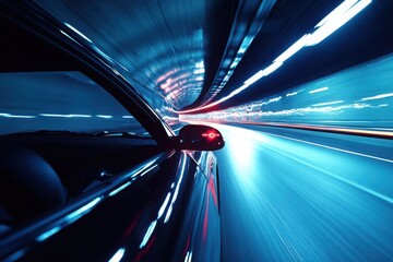 Car speeding through futuristic tunnel with light trails