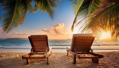 Relaxing Afternoon at a Tropical Beach With Palm Trees and Sunset Over Calm Ocean Waves