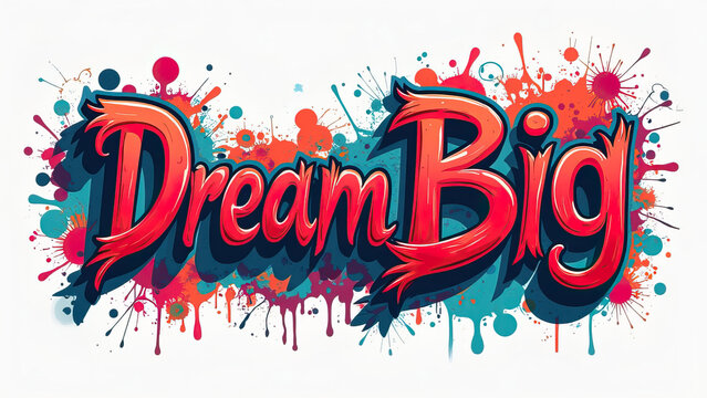 text Dream Big in colorful inspirational message with abstract splatter graffiti style isolated on white background